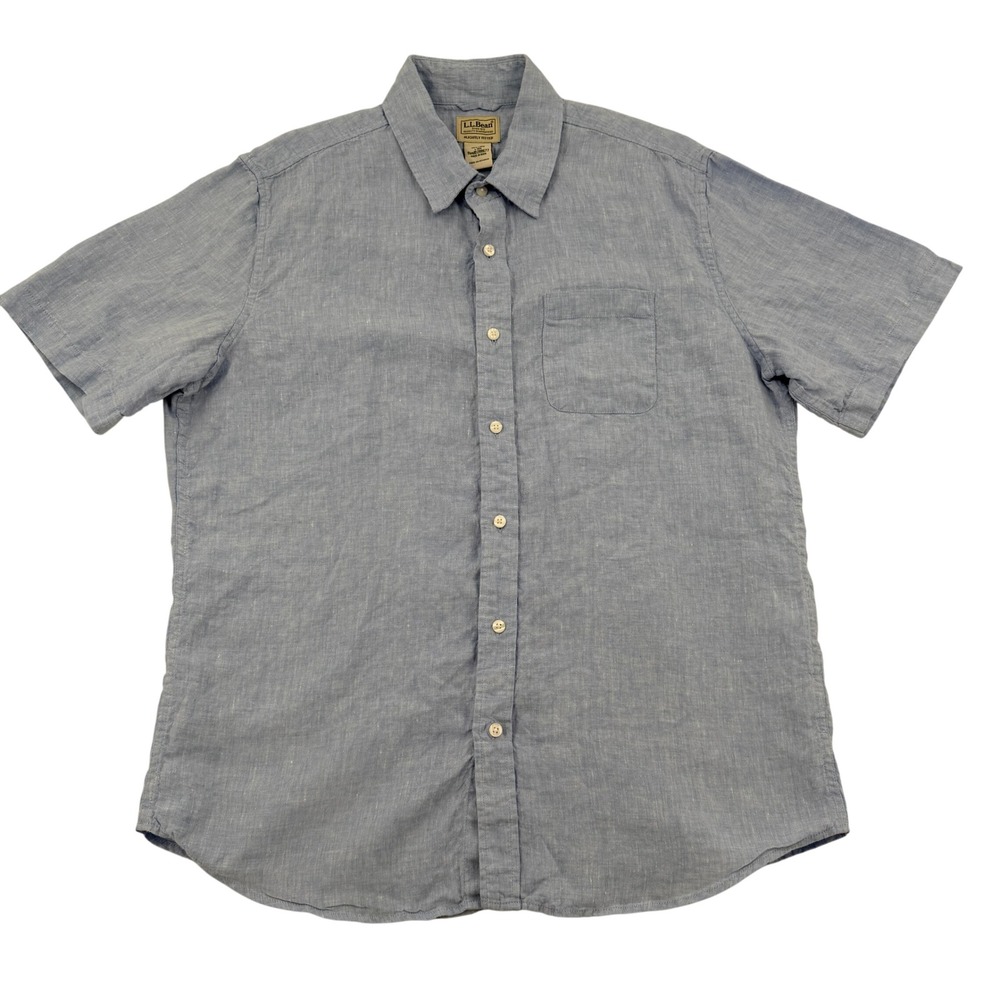 LL Bean Men L Blue 100% Linen Short Sleeve Button Down Shirt 288677 Breathable